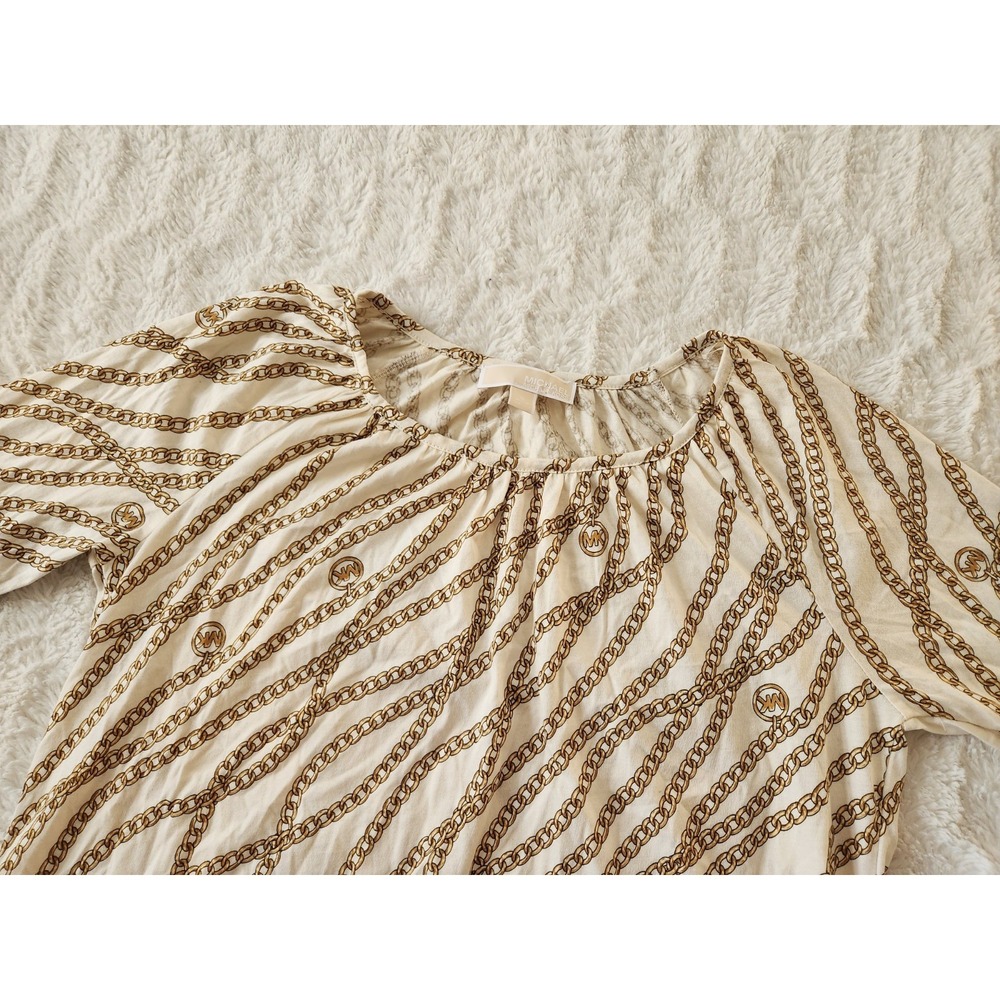 Michael Kors White Gold Chain Logo Tunic Bell Sleeve Top Size Small